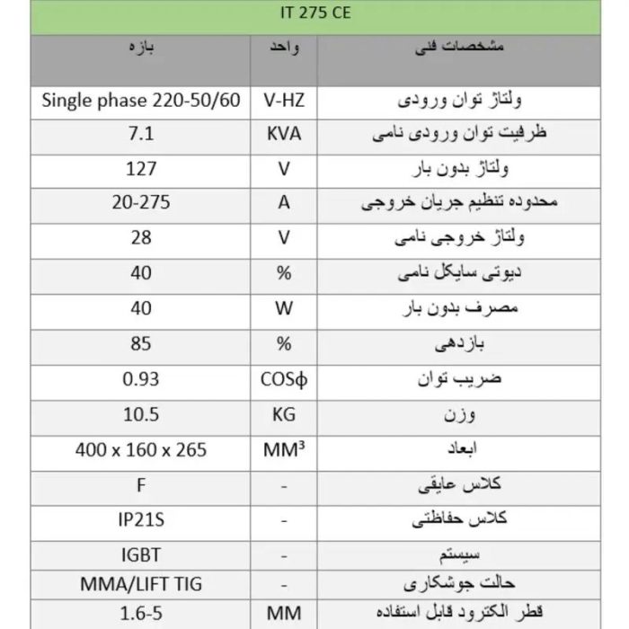تصویر جدول مشخصات فنی دستگاه جوش الکترود IT 275 CE.